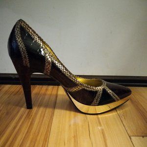 Crocodile Print Gold Chrome Platform Heels